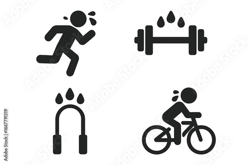 Physical exertion and exercise icon set. Vector pictograms of sweating runner, cyclist, gym dumbbell, and jump rope. Fitness, workout, and sports symbols. Solid glyphs.