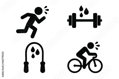 Physical exertion solid icon set. Fitness and workout concept. Sweating stick figure running, cycling. Dumbbell weights and jump rope. Sport and cardio exercise vector pictogram.