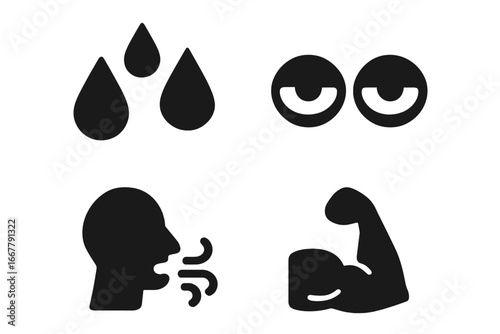 Physical exertion vector icon set. Fatigue, sweat, tired eyes, heavy breathing signs. Bodybuilding, workout, sport, and fitness solid glyph symbols for health or illness.