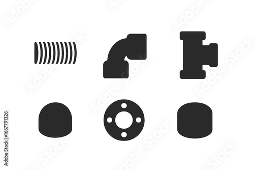 Plumbing icons set. Solid glyph vector pictograms of pipe fittings. Threaded pipe, elbow, tee, cap, and flange silhouettes. Industrial pipeline and water system components.
