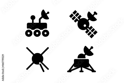 Planetary exploration mission icon set. Solid glyph symbols of a rover, satellite, space probe, and lander. Cosmic astronomy and space discovery technology vector illustration.