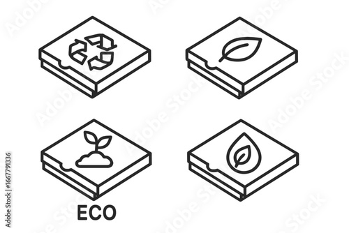 Eco-friendly pizza box vector icon set. Sustainable packaging symbols. Recyclable, compostable, biodegradable materials & eco ink line icons. Green food delivery concept.