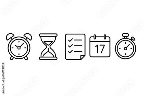 Time management icons. Study time symbols. Concept of productivity, planning, schedule, deadline. Vector set of outline alarm clock, hourglass, checklist, calendar, stopwatch.