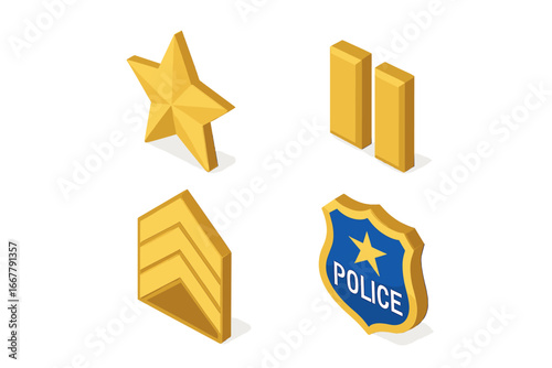Police rank insignia vector icon set. Isometric icons of law enforcement badges. Captain star, lieutenant bars, and sergeant chevrons. Security officer symbols collection.