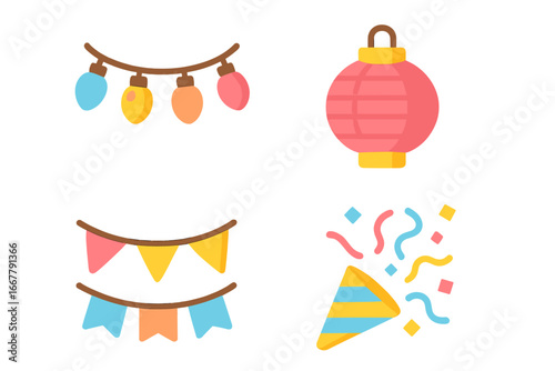 Party decoration flat icon set. Celebration vector elements. String lights, paper lantern, banner flags, confetti popper. For birthday, event, holiday, carnival, festival design.