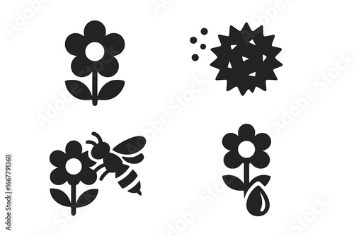 Pollination process vector icon set. Bee on flower, pollen grain, nectar collection, and seed formation glyphs. Biology, nature, and agriculture solid icons collection.