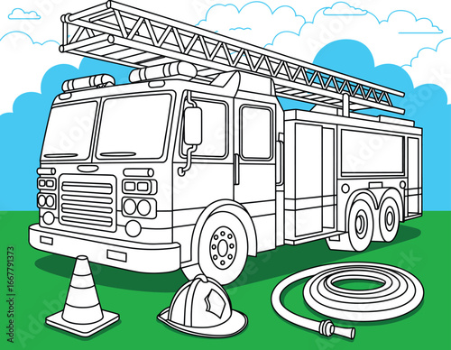 Detailed line art illustration of a fire truck with firefighter helmet, rescue hose, and traffic cone. Perfect coloring page for children learning about emergency vehicles