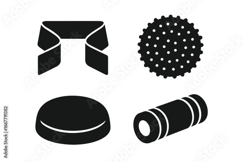 Physical therapy tools icon set. Physiotherapy and rehabilitation equipment glyphs. Stretch band, spiky massage ball, balance pad, foam roller vector silhouettes for fitness.