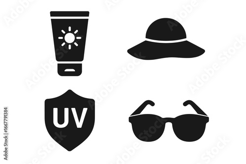 Sun protection solid icon set. Summer safety essentials. Sunscreen tube, sun hat, UV shield, sunglasses glyphs. Skincare concept vector illustration for sunblock essentials.