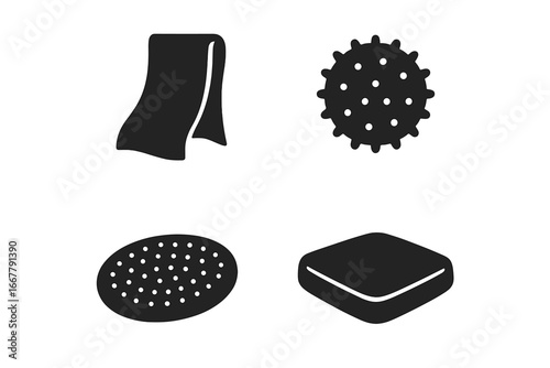 Physical therapy tools icon set. Physiotherapy and rehabilitation equipment glyphs. Vector illustration of stretch band, massage ball, and balance pad for fitness recovery.
