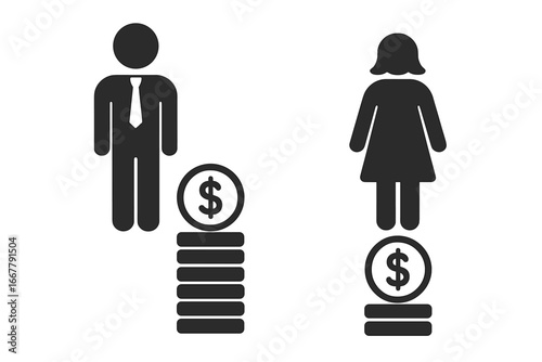 Gender pay gap vector concept. Man and woman icons with different salary coin stacks. Income inequality and financial discrimination illustration. Social issue of payment disparity.