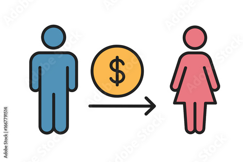 Gender wage gap icon. Pay inequality, salary difference between man and woman. Financial discrimination, sexism concept. Social issue of income disparity. Money transfer vector.