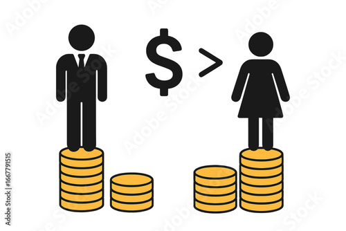 Gender pay gap concept. Financial inequality in salary between man and woman. Income discrimination vector illustration. Sexism in business and career. Social issue of wages.