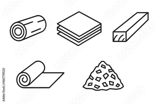 Wood products outline icon set. Timber industry and woodworking symbols. Log, plywood sheet, lumber plank, veneer roll, wood chip pile. Vector line art for construction.