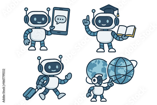 Cute robot character mascot set. AI chatbot for communication, education, and travel. Modern technology concepts. Vector cartoon illustration of learning bot with book and globe.