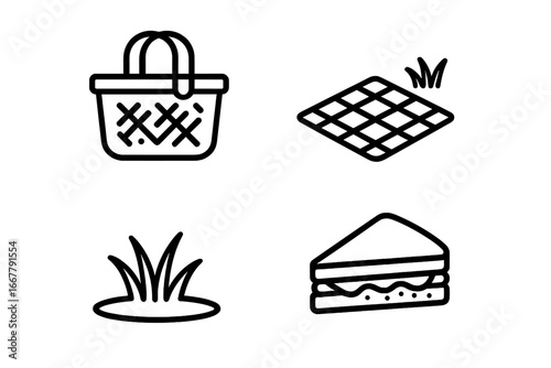 Picnic icon collection. Outline icon set of 4 picnic items: basket, blanket, grass, and sandwich. Vector illustration for summer, park, outdoor activities, and food concepts.