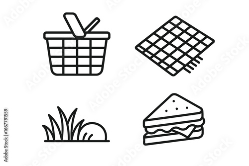 Picnic icon set. Summer lunch in park concept. Outline vector collection with basket, blanket, sandwich, and grass. Editable line art symbols for outdoor recreation design.