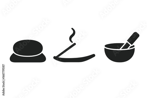 Zen meditation icons set with solid filled meditation cushion, incense stick, singing bowl, minimalist spiritual and mindfulness symbols for relaxation and wellness