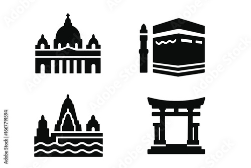 Pilgrimage landmarks icon set of world religions. Solid vector icons of holy places: St. Peter's Basilica, Mecca Kaaba, Varanasi Ghats, Torii gate. Spiritual journey symbols.