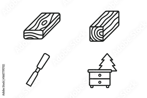 Pine woodwork icons set. Carpentry and furniture making outline symbols. Wood plank, timber beam, carving chisel tool and pine furniture. Vector graphic resource for lumber industry.