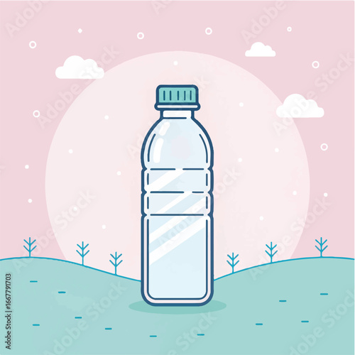Minimalist Plastic Water Bottle Illustration with Nature Background