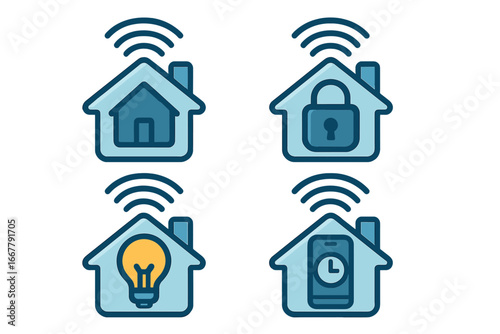Smart home technology icon set. Vector icons for home automation, wireless remote control, security system, and energy saving. Internet of things (IoT) concept illustration.