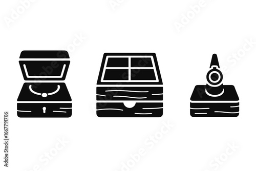 Wooden jewelry box icon set. Solid glyph vector illustrations of handcrafted storage containers, hinged casket, drawer organizer, and ring holder for precious items. Keepsake.