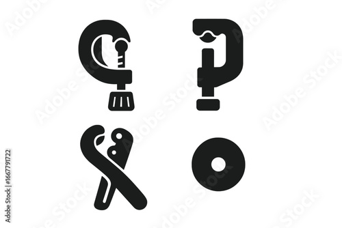 Pipe cutting tool icon set. Solid glyph vector silhouette of pipe cutter, tubing cutter, shears, and rotary blade wheel. For plumbing, construction, and industrial repair.