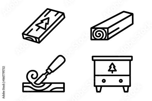 Pine woodwork outline icon set. Vector line art symbols for carpentry and furniture making. Includes plank, timber beam, carving chisel, and cabinet. Craft and industry concept.