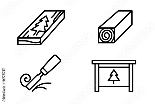 Woodworking line icon set. Pine wood processing and carpentry concept. Vector symbols of timber plank, log beam, wood carving with chisel, and handmade furniture manufacturing.