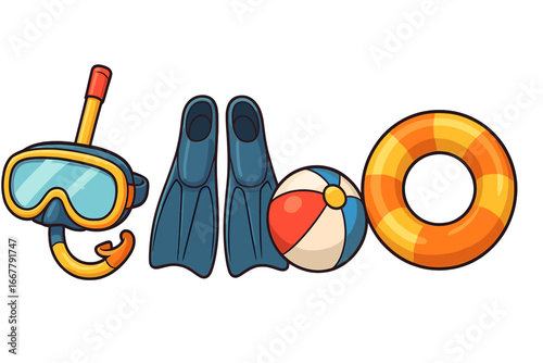 Snorkeling gear & water sports equipment for summer beach adventure. Vector icon set. Diving mask, snorkel, fins, flippers, beach ball, inflatable swim ring for vacation.