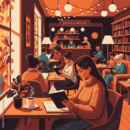 People enjoying coffee and books in a cozy bookstore cafe atmosphere