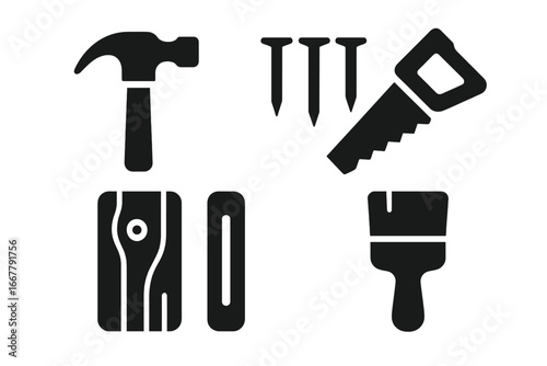 Woodworking tools solid icon set. Carpentry equipment glyphs. Hammer, nails, handsaw, wood plank, paintbrush vector symbols. Craft, construction, renovation, repair kit.