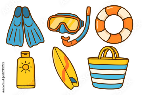 Set of summer beach vacation accessories. Snorkeling mask, fins, surfboard, lifebuoy, sun cream and bag. Water sports and travel holiday equipment vector cartoon illustration.
