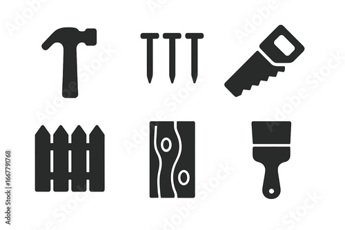 Woodworking tools glyph icon set. Carpentry, construction and DIY concept. Hammer, nails, handsaw, picket fence, wood plank and paintbrush symbols. Home improvement vector.