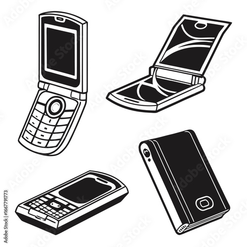 Various mobile phones in black and white cell phones