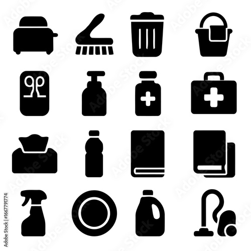 Cleaning Items Collection: A comprehensive set of black and white line art icons representing a variety of cleaning supplies, organized in a neat grid.