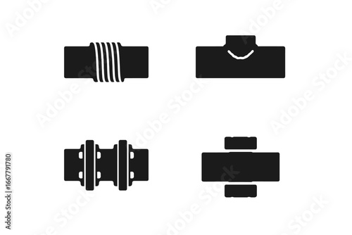 Pipe joint icons. Plumbing fittings set. Threaded, welded, flanged, compression joint symbols. Pipeline construction vector glyphs. Industrial water supply connection.