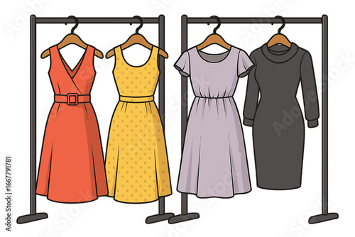 Women's dress collection on hangers. Clothing rack with assorted female garments for a fashion boutique or retail shop. Wardrobe and apparel concept. Vector cartoon illustration.