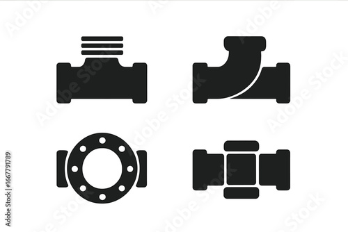 Pipe joint icon set. Vector glyphs of plumbing fittings. Includes threaded, welded, flanged, and compression joints. Industrial pipeline construction and engineering symbols.