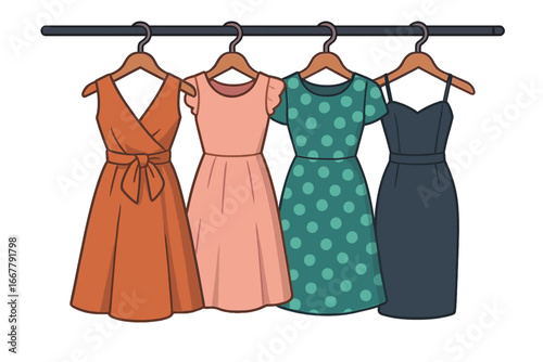 Collection of women's dresses on hangers. Wardrobe rack with colorful summer fashion. Boutique shopping concept. Vector cartoon illustration isolated on white background.