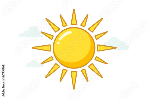 Vector sun icon with clouds. Cute cartoon illustration of a happy yellow sun. Symbol of summer, sunshine, warmth, and good weather. Solar energy and daytime concept isolated.
