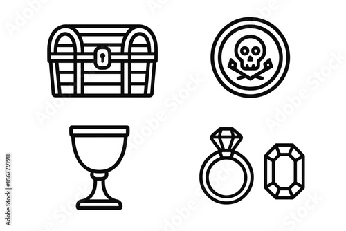 Pirate treasure icons. Outline icon set. Pirate loot items. Treasure chest, gold doubloon, silver goblet, ruby ring, emerald. Vector illustration. Game asset. UI design element.