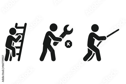 Worker icon set. Solid filled pictogram symbol collection. Man climbing ladder, technician with wrench tightening screw, person pulling rope. Manual labor, construction, repair concept.