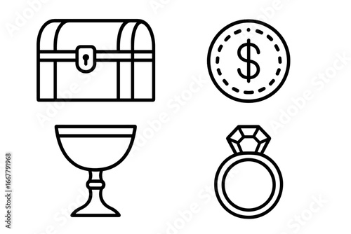 Pirate treasure icons. Outline vector set of valuable loot items. Concept of wealth, fortune, and adventure. Includes treasure chest, gold coin, goblet, and diamond ring.