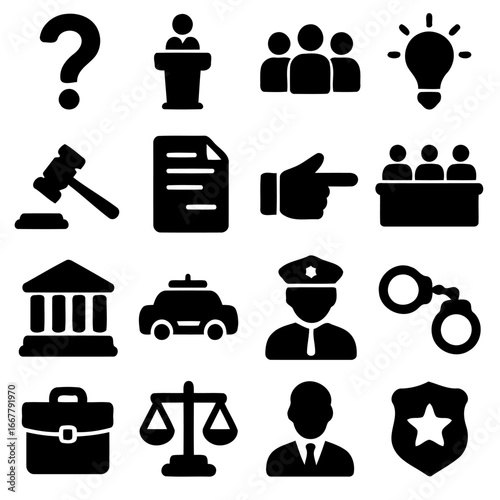 Justice & Law Icon Collection: A meticulously curated collection of illustrated icons, representing the core elements of justice, law, and the legal system, designed with a modern.