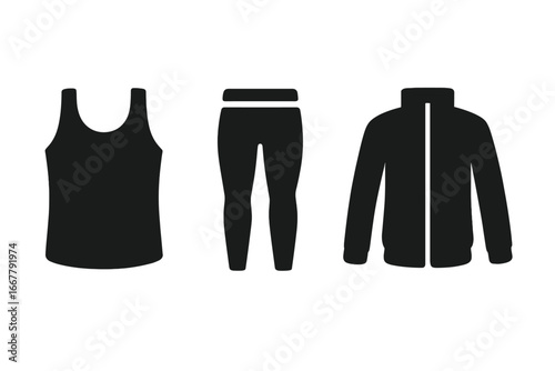 Workout apparel and fitness gym clothes icon set. Vector silhouettes of essential sportswear. Activewear icons tank top, compression leggings and sports jacket for training.