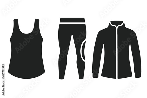Workout essentials icon set. Women's fitness apparel with tank top, compression leggings, sports jacket. Solid filled vector illustration. Sportswear concept for gym and training.