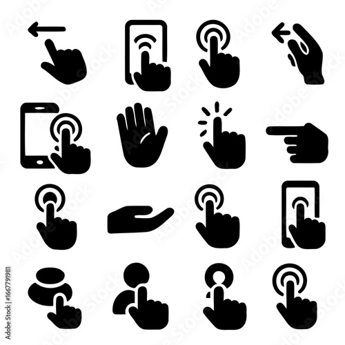 Digital Interaction Icons: A collection of detailed icons showcasing a range of hand gestures essential for modern device interaction, including swipes, taps, and multi-touch commands.
