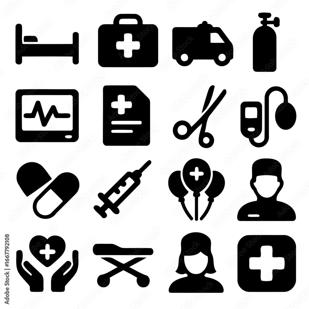 Obraz premium Medical Essentials: A clean, graphic compilation of essential medical icons, perfect for illustrating healthcare concepts and emergency services. 